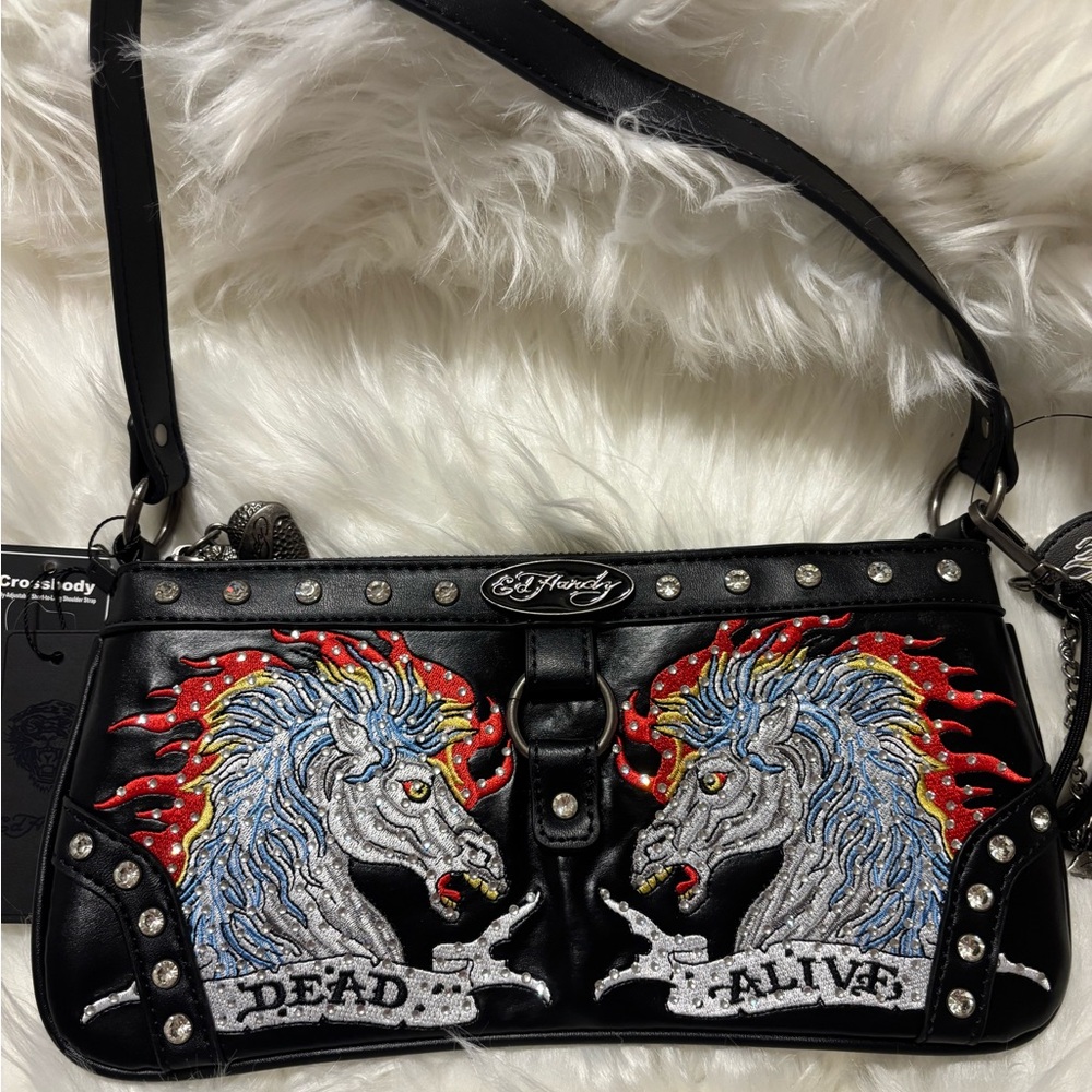 Ed Hardy Black Shoulder Bag with Fiery Horse Design